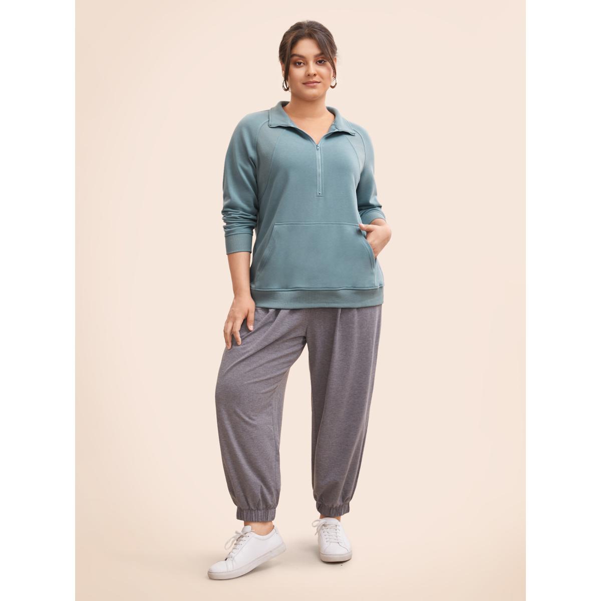 Plus Size Textured Half Zip Patchwork Sweatshirt Women Stone Casual Patchwork Polo Everyday Sweatshirts BloomChic 14-16/1X Product Image