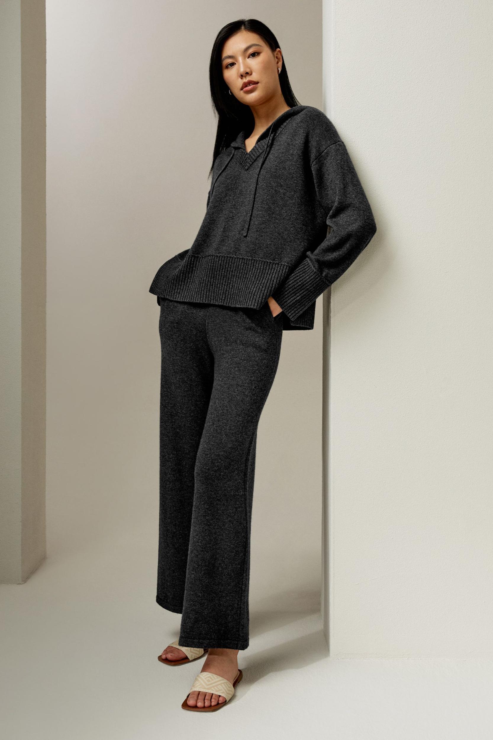 LILYSILK Wool Trousers Women - Dark Gray Wool Cashmere - Comfortable Plain Knit Pattern Trousers M Product Image