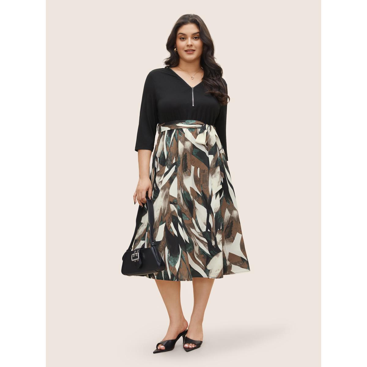 Plus Size Colorblock Contrast Half Zip Belted Dress Black Women At the Office Non V-neck Elbow-length sleeve Curvy Midi Dress BloomChic 22-24/3X Product Image