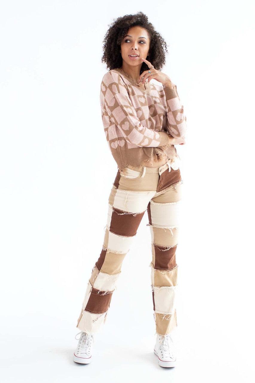 Brown Patchwork Flare Jeans Product Image