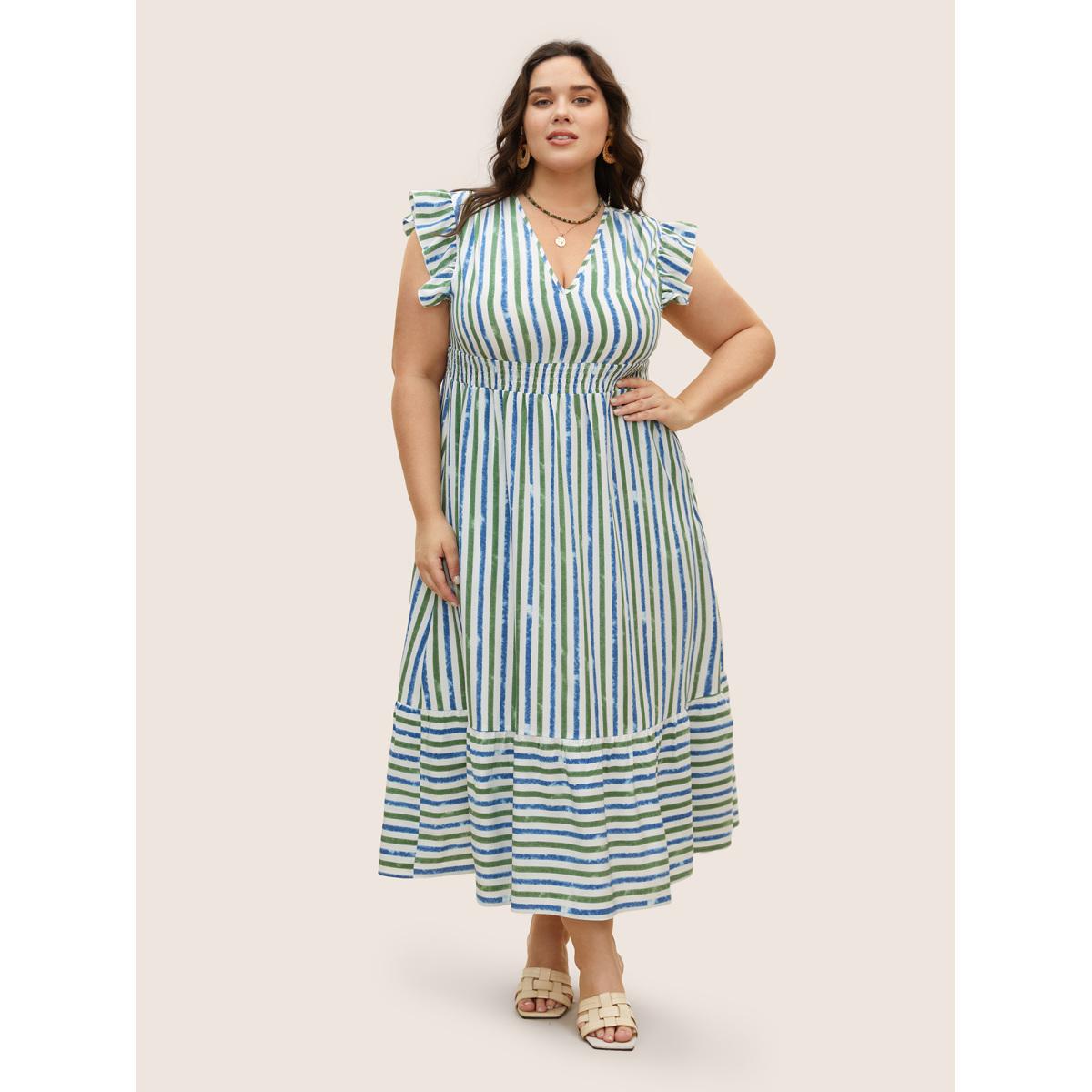 Plus Size Striped Ruffle Cap Sleeve Shirred Dress Mediumblue Women Resort Shirred V-neck Cap Sleeve Curvy BloomChic 18-20/2X Product Image