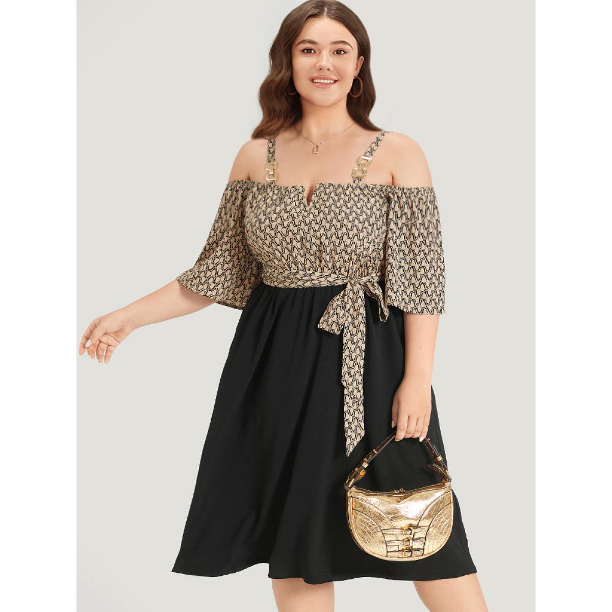 Plus Size Geometric Patchwork Pocket Belted Cold Shoulder Dress Tan Women Office Adjustable Straps Keyhole Cut-Out Half Sleeve Curvy Knee Dress BloomChic 14-16/1X Product Image
