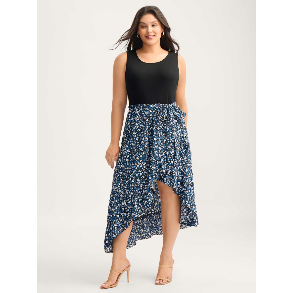 Plus Size Floral Asymmetrical Hem Bow-Tie Midi Dress BlackFlower Women Timeless Texture Round Neck Sleeveless Curvy BloomChic 10/M Product Image