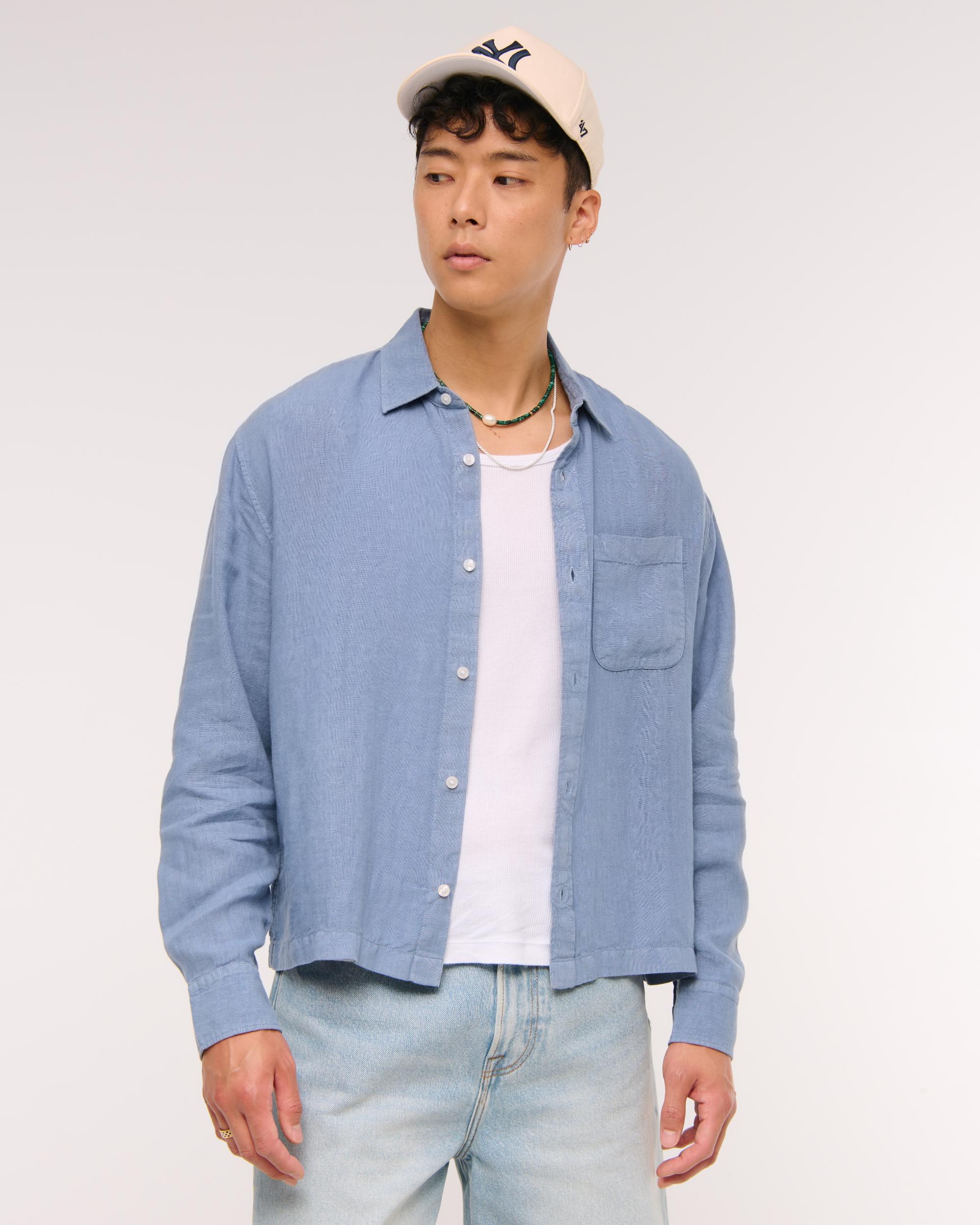 Cropped Linen Button-Up Shirt Product Image