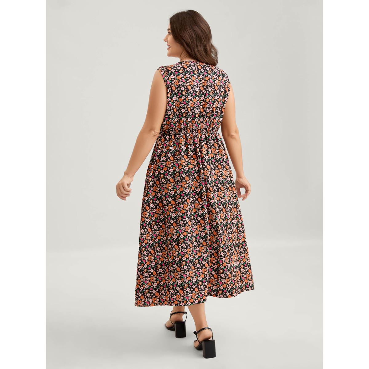 Plus Size Floral Waist Tie Side Pockets Midi Dress Black Women V-neck Sleeveless Curvy BloomChic 10/M Product Image