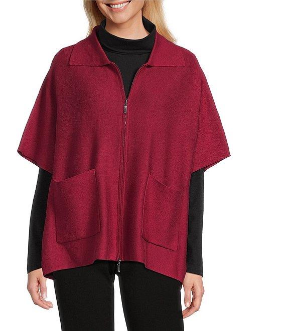 Investments Petite Size Removeable Faux Fur Collar Two-Way Zip Front Sweater Poncho Product Image