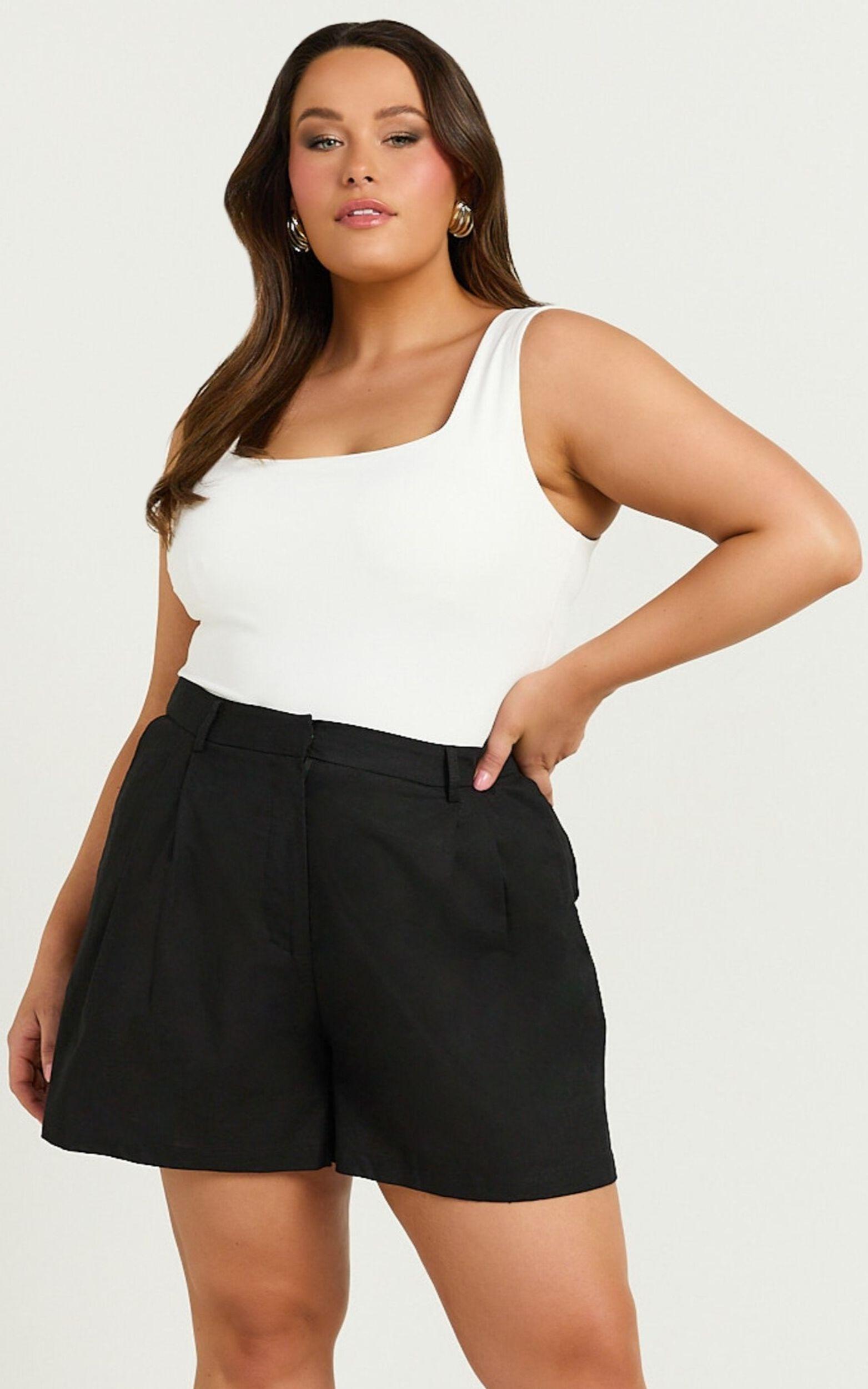 Ali Linen Blend Shorts - High Waisted Cuffed Shorts in Black Product Image