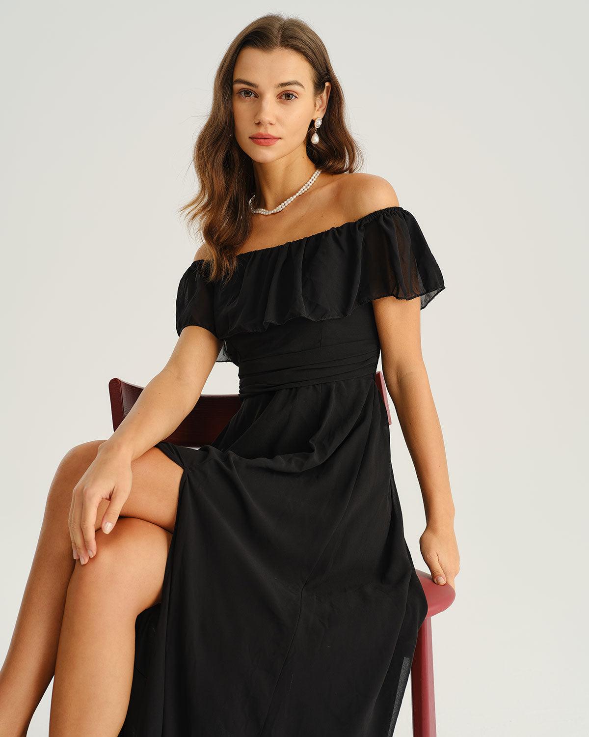 Black Off The Shoulder A-Line Maxi Dress Product Image
