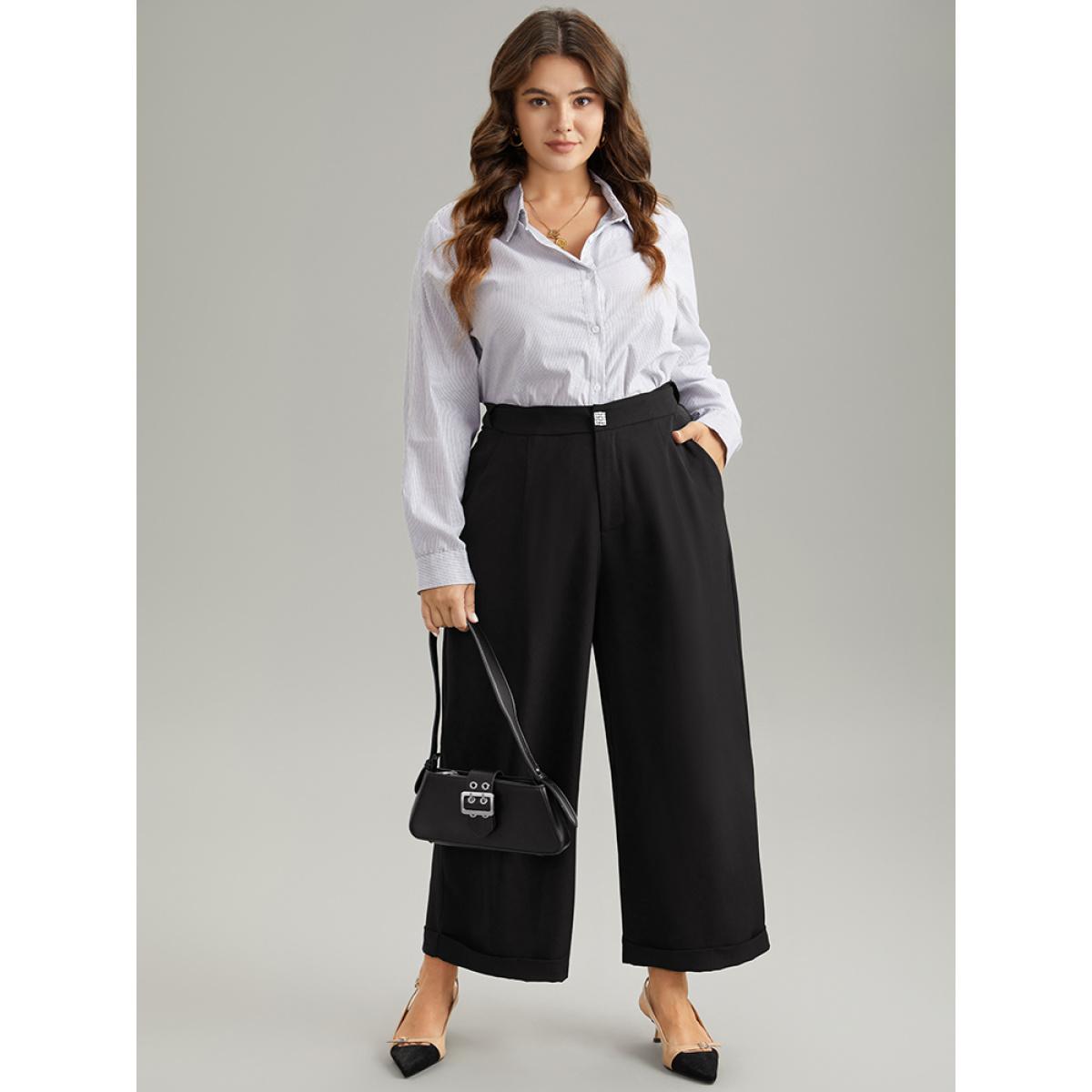 Plus Size Plain Metal Detail Pocket Wide Leg Pants Women Black Office Wide Leg High Rise Office Pants BloomChic 18-20/2X Product Image