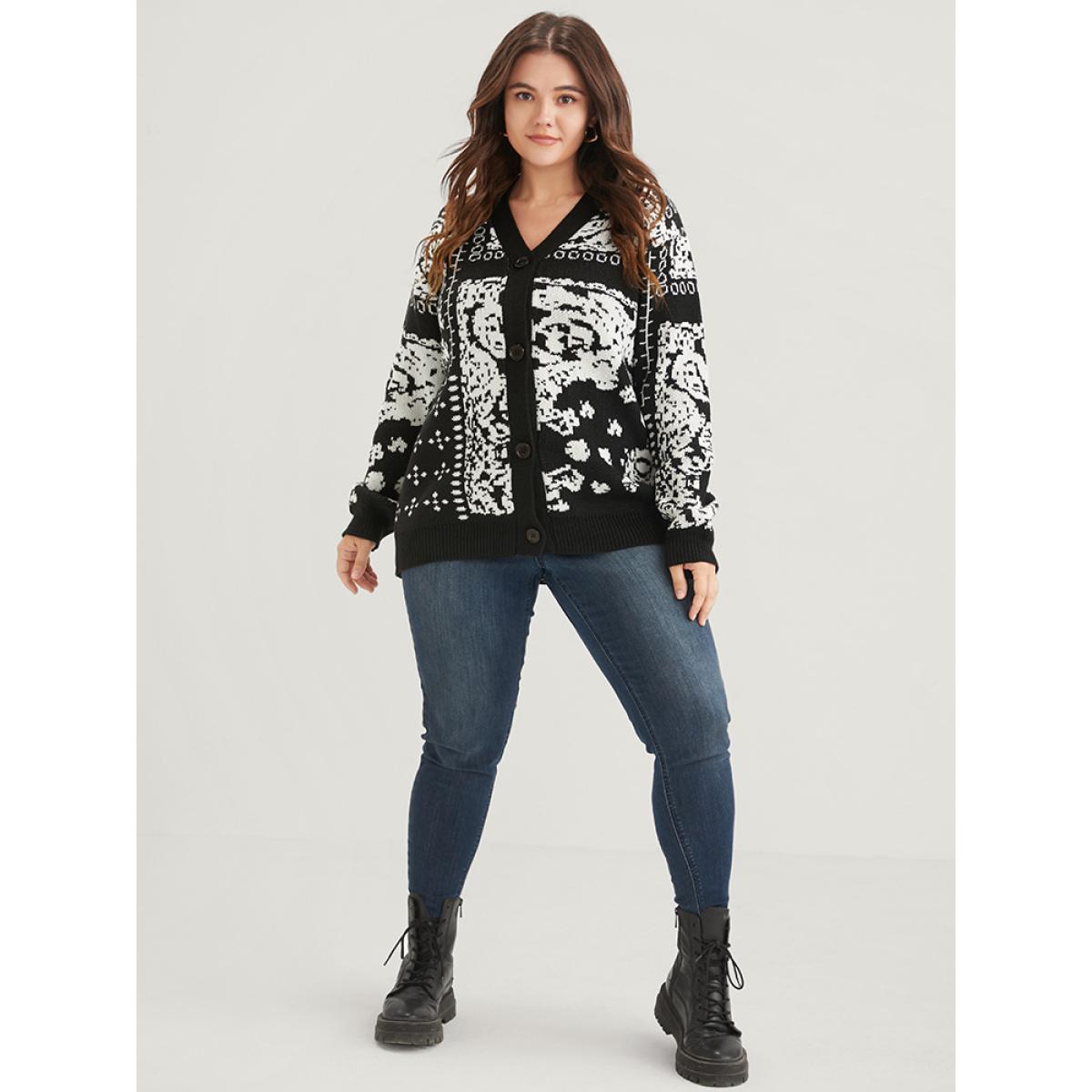 Plus Size Bandana Super Soft Knit Button Front Jacquard Cardigan BlackFlower Women Casual Long Sleeve Dailywear Cardigans BloomChic 22-24/3X Product Image