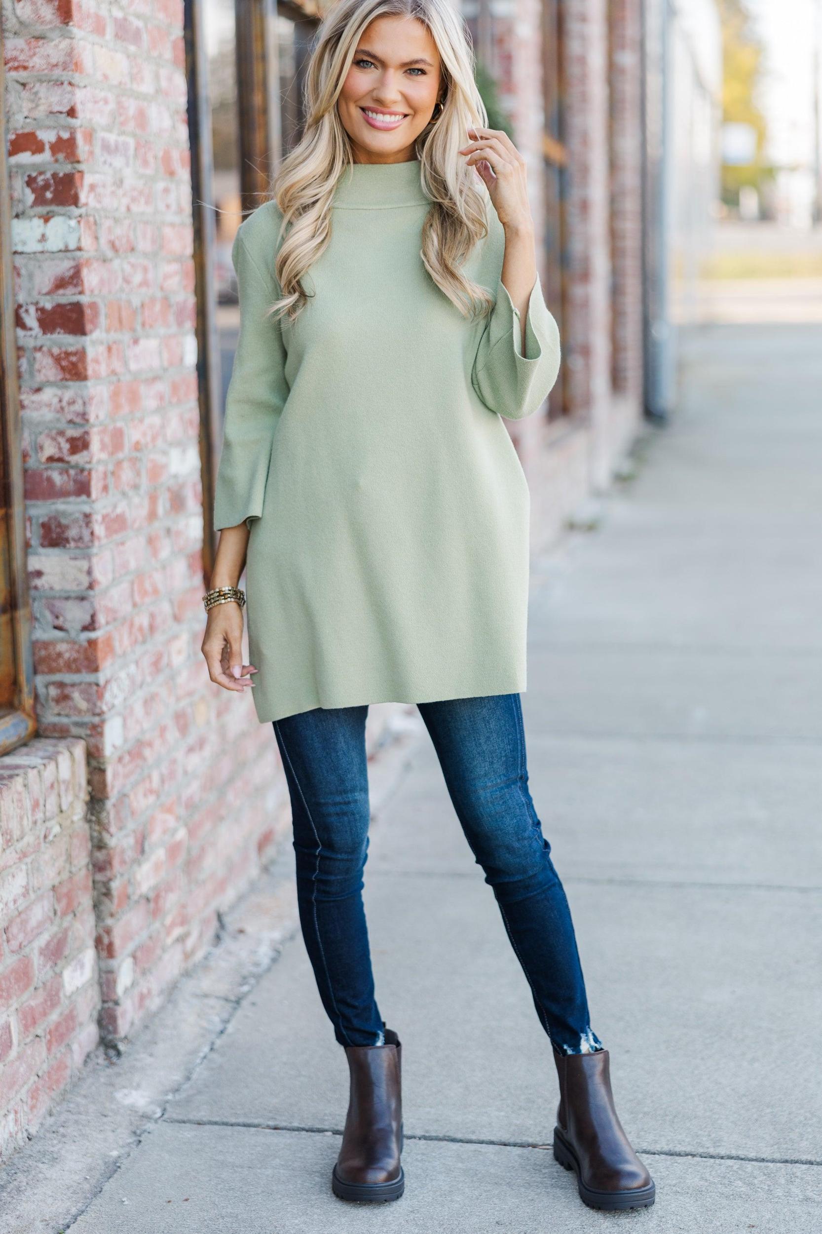 With Ease Sage Green Mock Neck Sweater Tunic Female Product Image