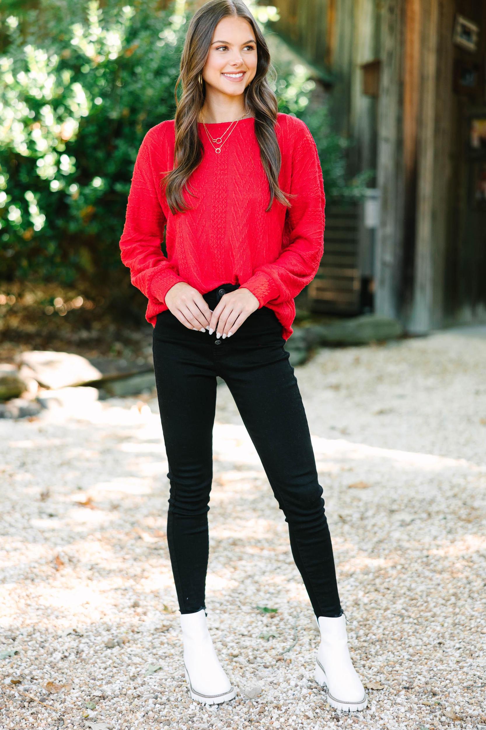 The Slouchy Red Cable Knit Top Female Product Image