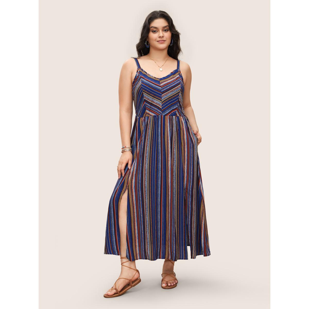 Plus Size Striped Contrast Pocket Split Ruffle Hem Spaghetti Strap Dress DarkBlue Women Resort Non V-neck Sleeveless Curvy Midi Dress BloomChic 28/5X Product Image