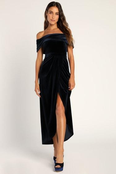 I'm Enchanted Navy Blue Velvet Off-the-Shoulder Maxi Dress Product Image
