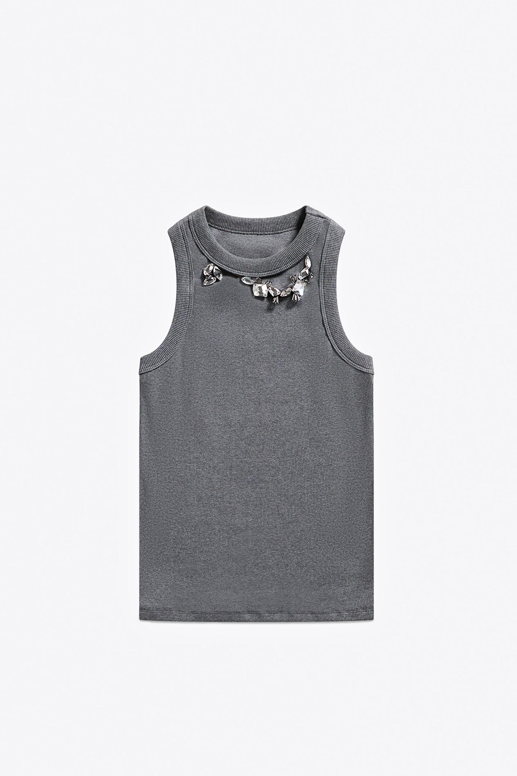 Distressed Crystal Ribbed Knit Tank Top Product Image