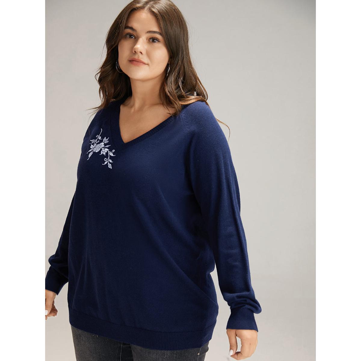 Plus Size Supersoft Essentials Floral Embroidered Pullover Indigo Women Casual Loose Long Sleeve V-neck Dailywear Pullovers BloomChic 18-20/2X Product Image