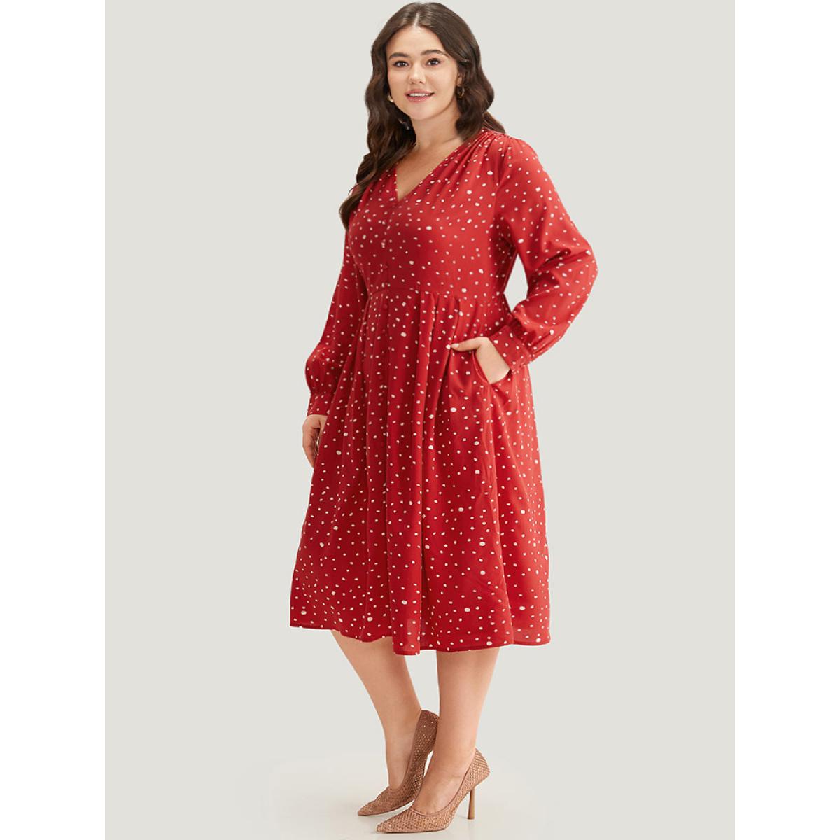 Plus Size Polka Dot Button Detail Pleated Dress Crimson Women Elegant Printed V-neck Long Sleeve Curvy Midi Dress BloomChic 26/4X Product Image