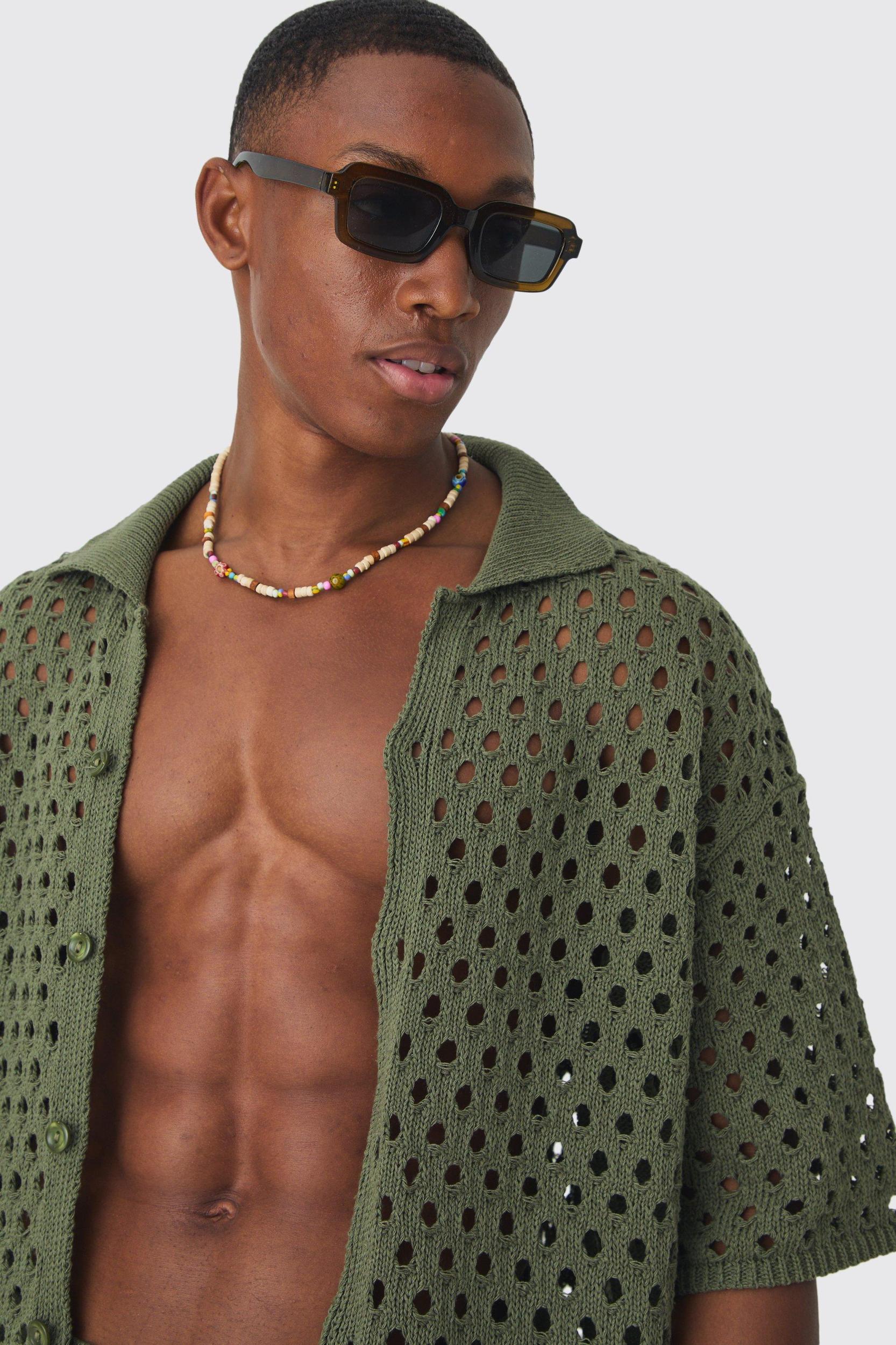 Oversized Open Stitch Shirt & Short Set | boohooMAN USA Product Image