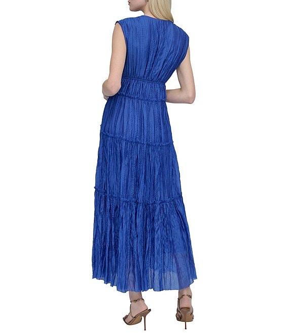 DKNY by Donna Karan Organza V Neck Sleeveless Front Tie Sheath Maxi Dress Product Image