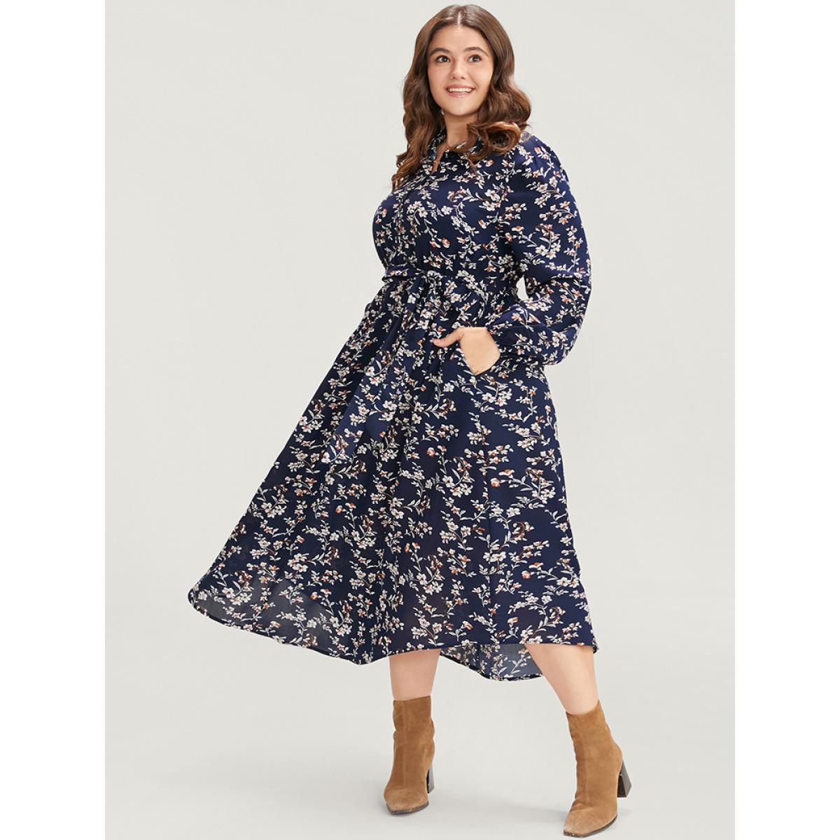 Plus Size Ditsy Floral Pocket Lantern Sleeve Belted Shirt Collar Dress Navy Women Elegant Button Shirt collar Long Sleeve Curvy Midi Dress BloomChic 26/4X Product Image