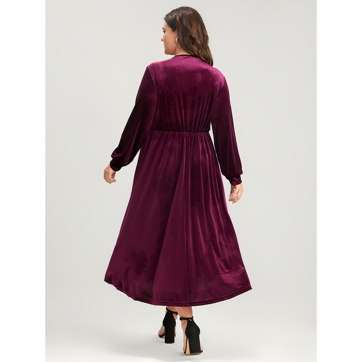 Plus Size Solid Lace Pocket Keyhole Tie Neck Velvet Flutter Dress Burgundy Women Party Patchwork V-neck Long Sleeve Curvy Midi Dress BloomChic 10/M Product Image