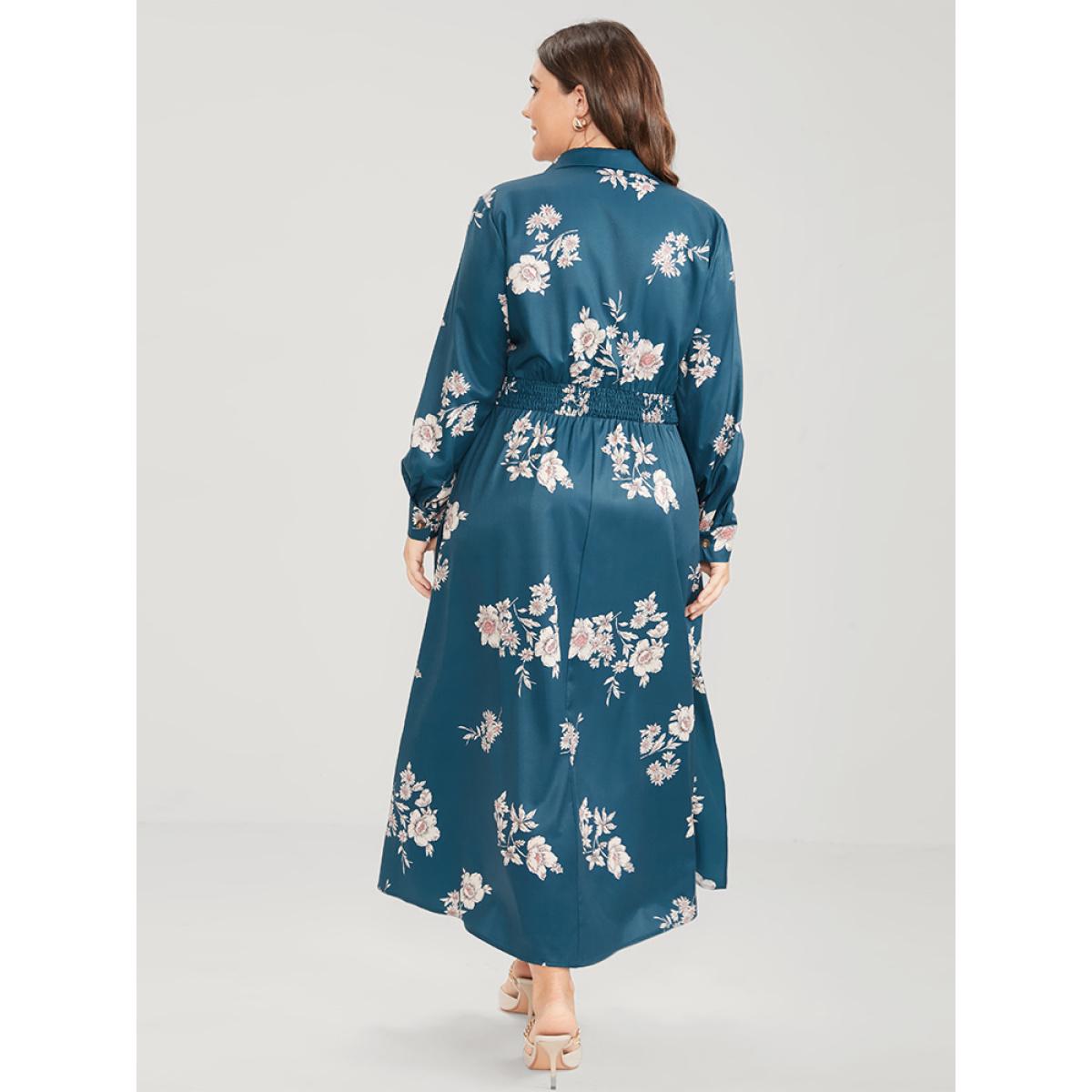 Plus Size Floral Button Up Pocket Split Shirred Shirt Collar Dress Aegean Women Elegant Printed Shirt collar Long Sleeve Curvy Midi Dress BloomChic 14-16/1X Product Image