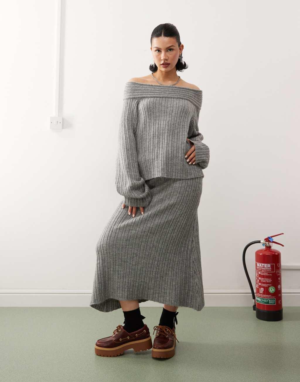 COLLUSION knitted ribbed off the shoulder sweater in charcoal - part of a set Product Image