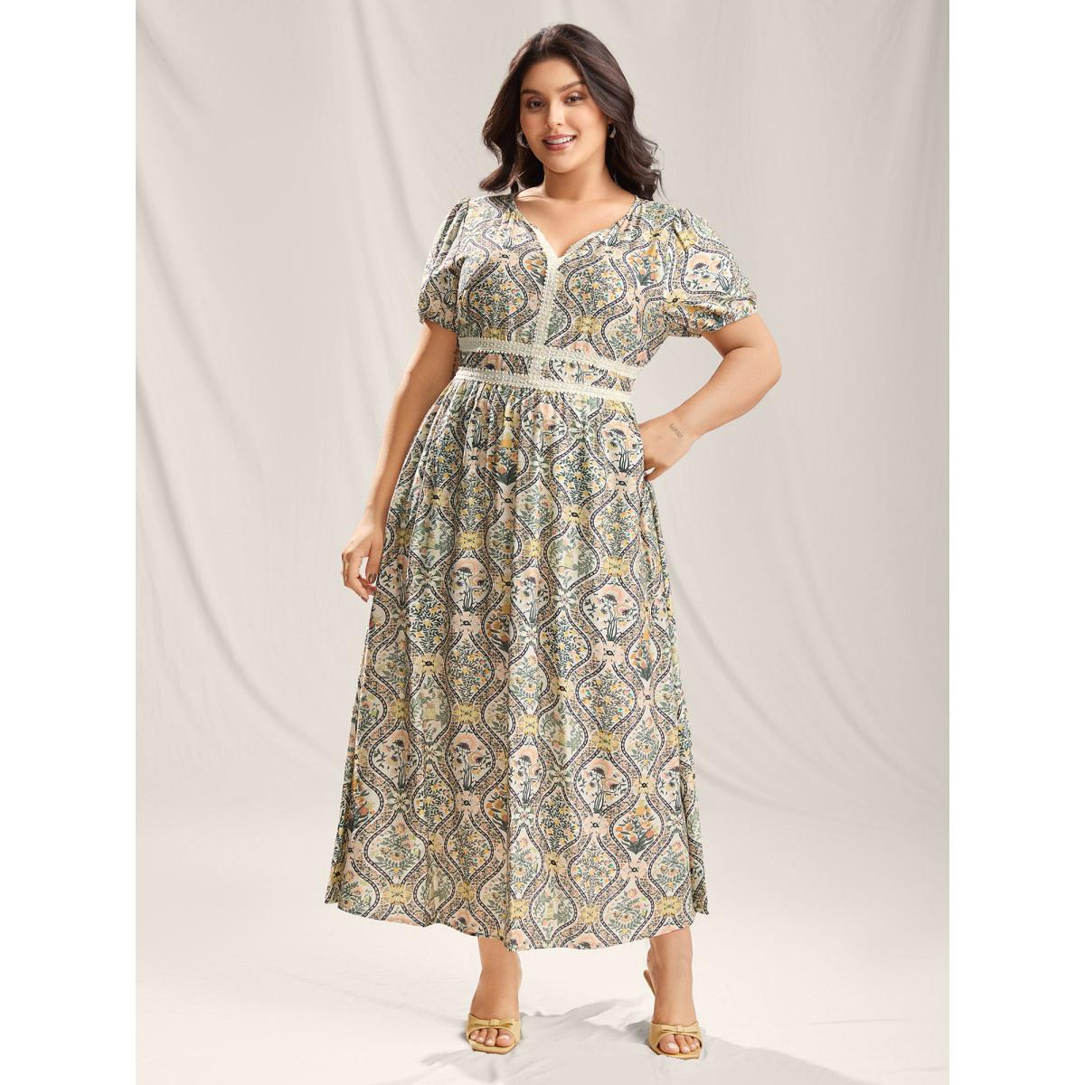 Plus Size Ornate Print Lace Neck Midi Dress Greenbean Women Timeless Notched collar Short sleeve Curvy BloomChic 14-16/1X Product Image