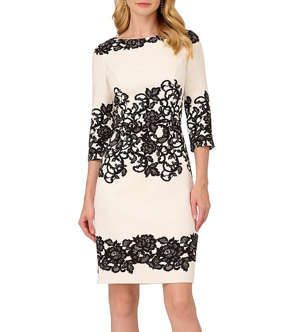 Adrianna Papell Printed Stretch Boat Neck 3/4 Sleeve Crepe Lace Sheath Dress Product Image