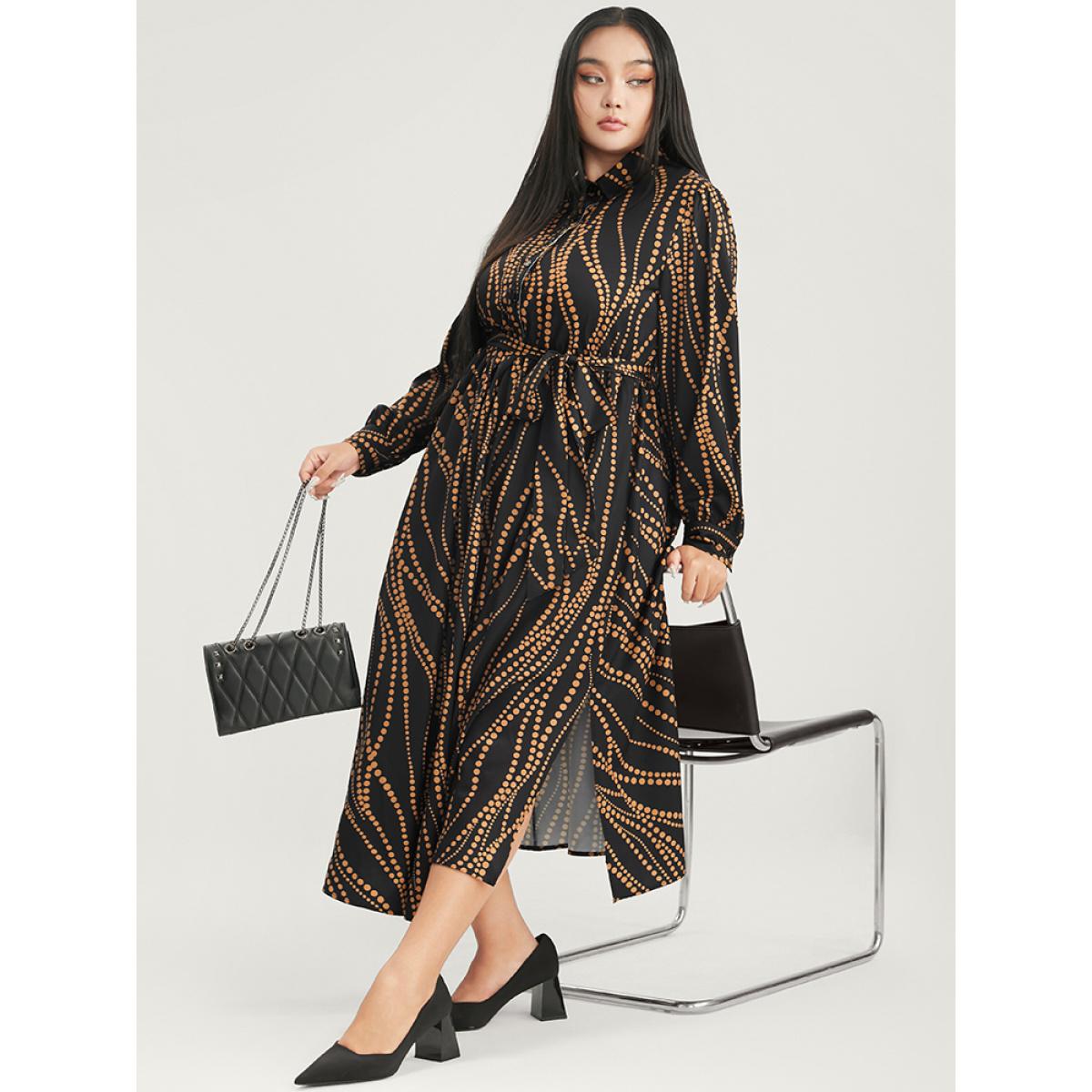 Plus Size Polka Dot Pocket Button Detail Belted Shirt Collar Dress Black Women Office Pocket Shirt collar Long Sleeve Curvy Midi Dress BloomChic 28/5X Product Image