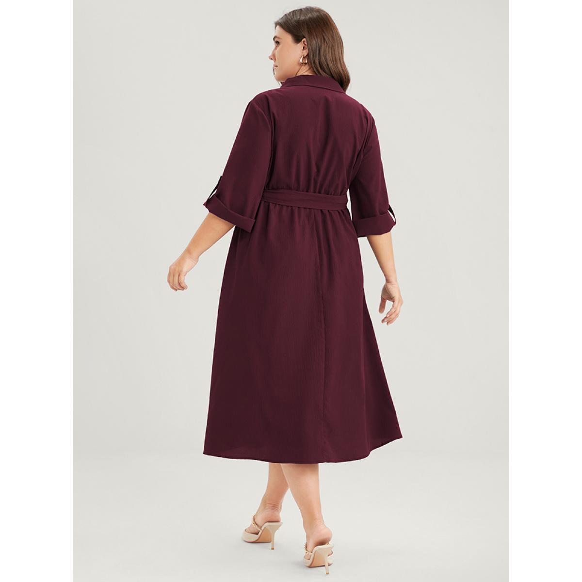 Plus Size Plain Button Cuffed Sleeve Pocket Belted Lapel Collar Dress Burgundy Women Office Belted Lapel Collar Elbow-length sleeve Curvy Midi Dress BloomChic 18-20/2X Product Image
