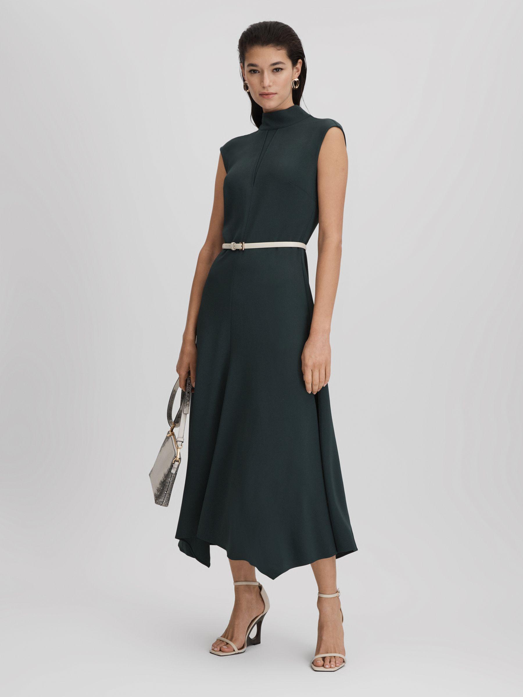 Fitted Asymmetric Midi Dress in Dark Green Product Image