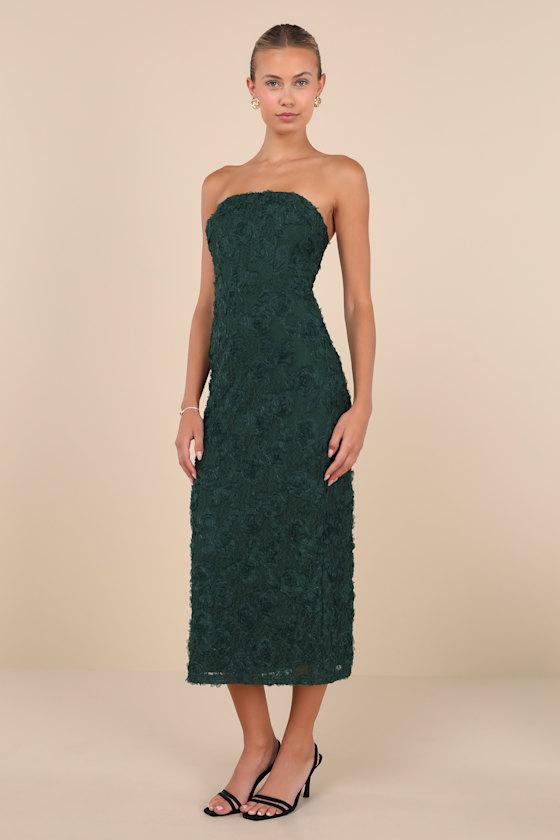 Flawless Perfection Emerald Floral Applique Strapless Midi Dress Product Image