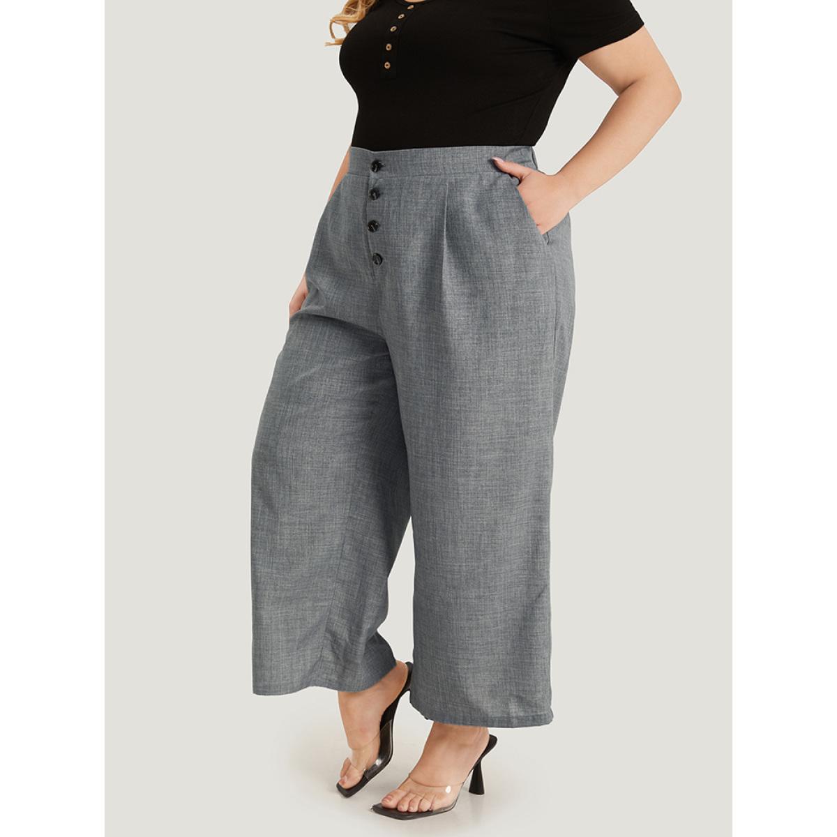 Plus Size Plain Pocket Button Detail Pleated Pants Women DarkGray Office Straight Leg High Rise Work Pants BloomChic 18-20/2X Product Image
