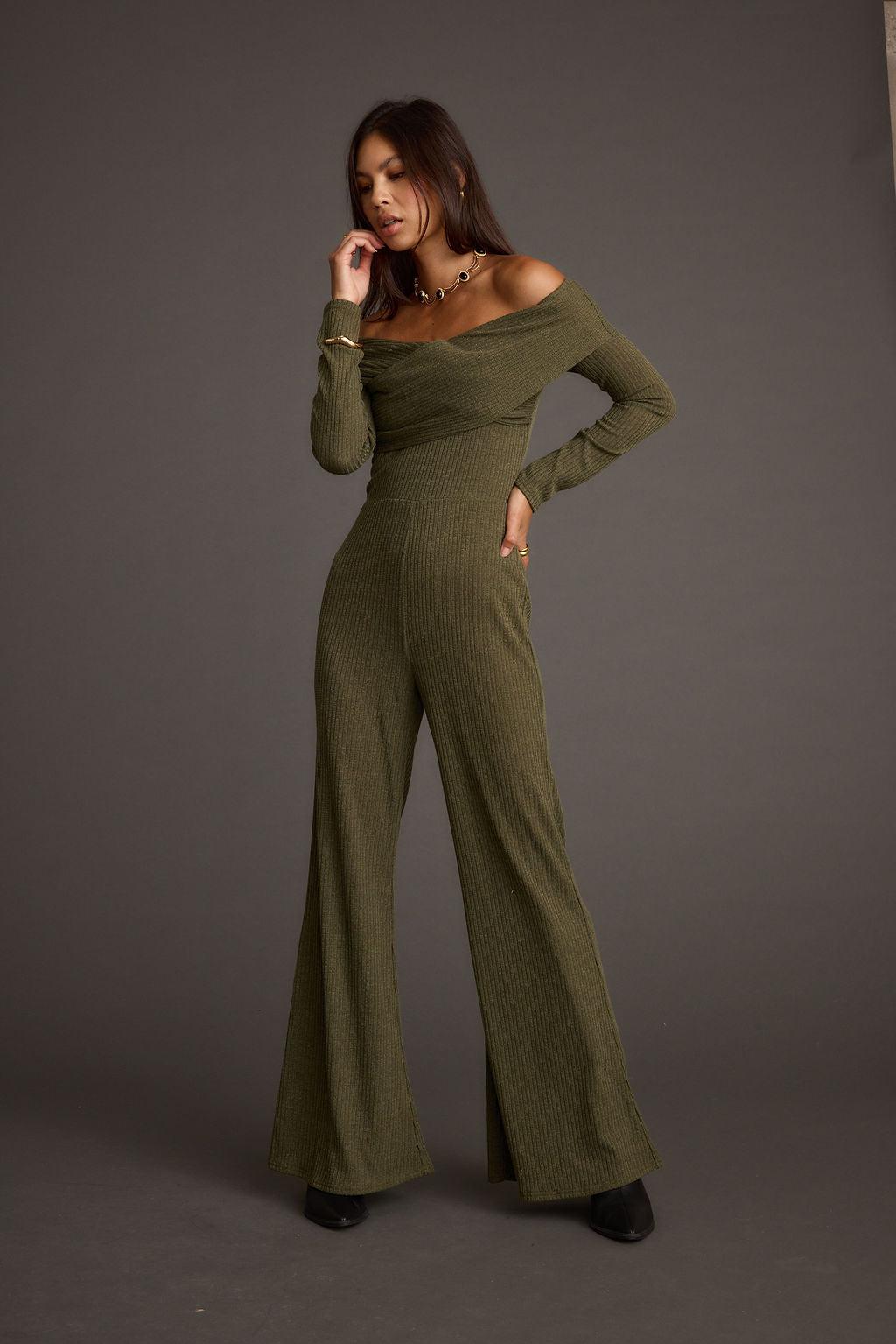 Greenwich Olive Knit Off The Shoulder Jumpsuit Product Image