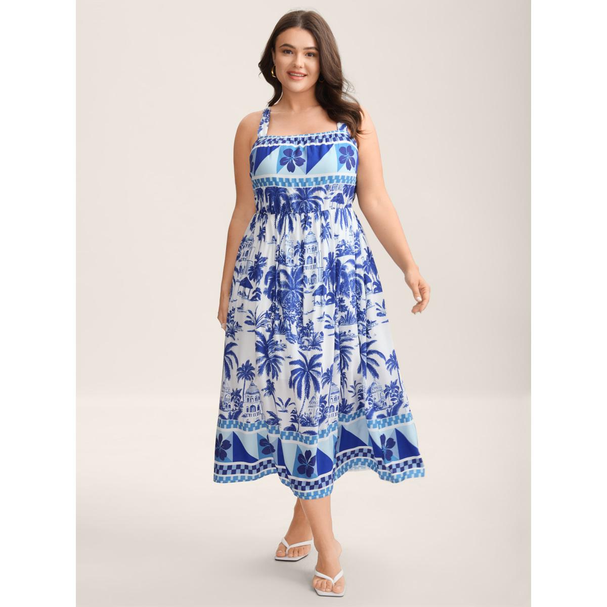 Plus Size Garden Print Stretchy Waist Pockets Midi Dress Skyblue Women Halter neck Sleeveless Curvy BloomChic 26/4X Product Image