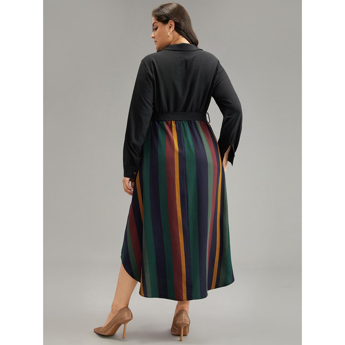 Plus Size Colour Striped Patchwork Belted Button Through Dress Indigo Women Office Belted Shirt collar Long Sleeve Curvy Midi Dress BloomChic 28/5X Product Image