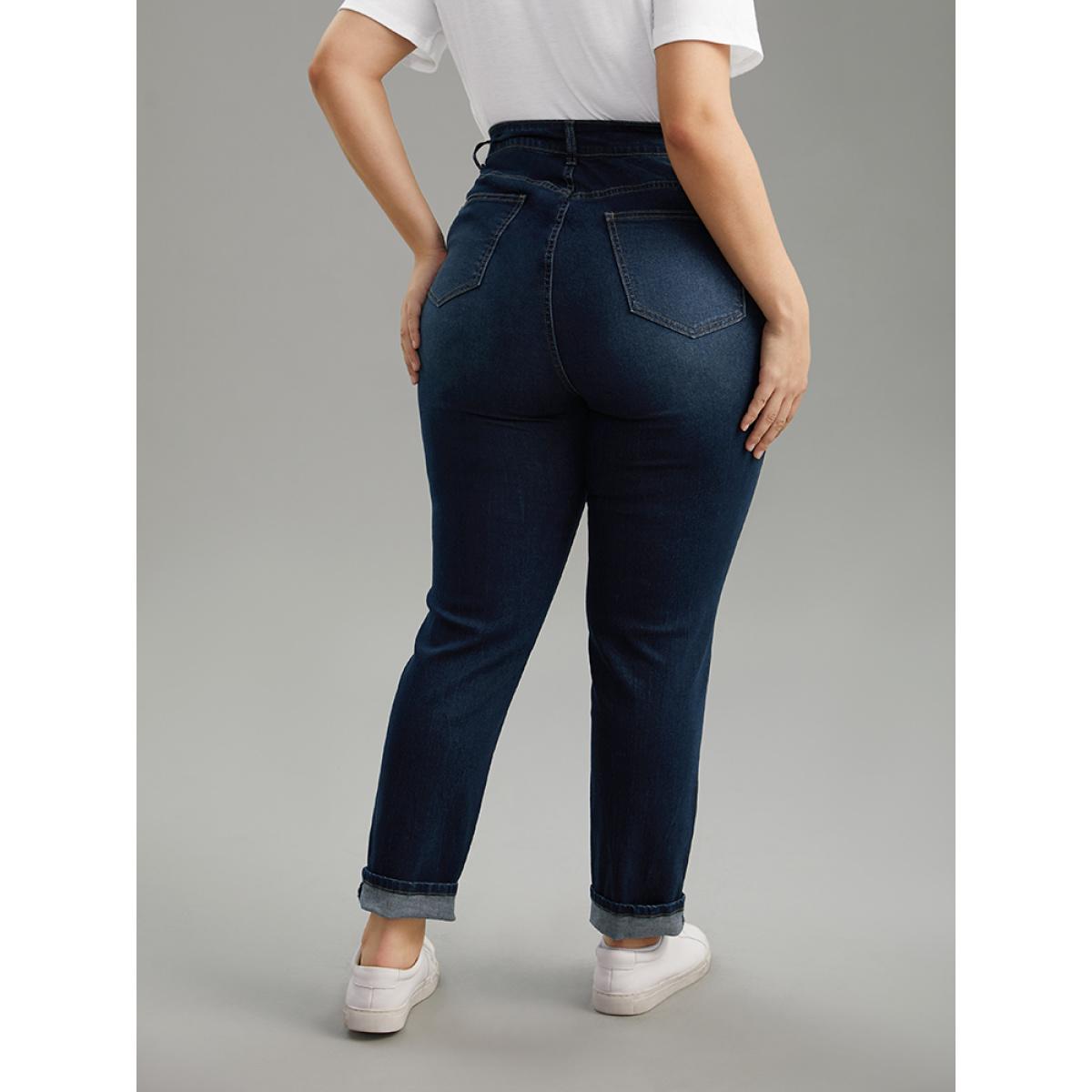Plus Size Cutoff Roll Hem Full Length Jeans Women DarkBlue Casual Plain Plain High stretch Pocket Jeans BloomChic 22/3X Product Image