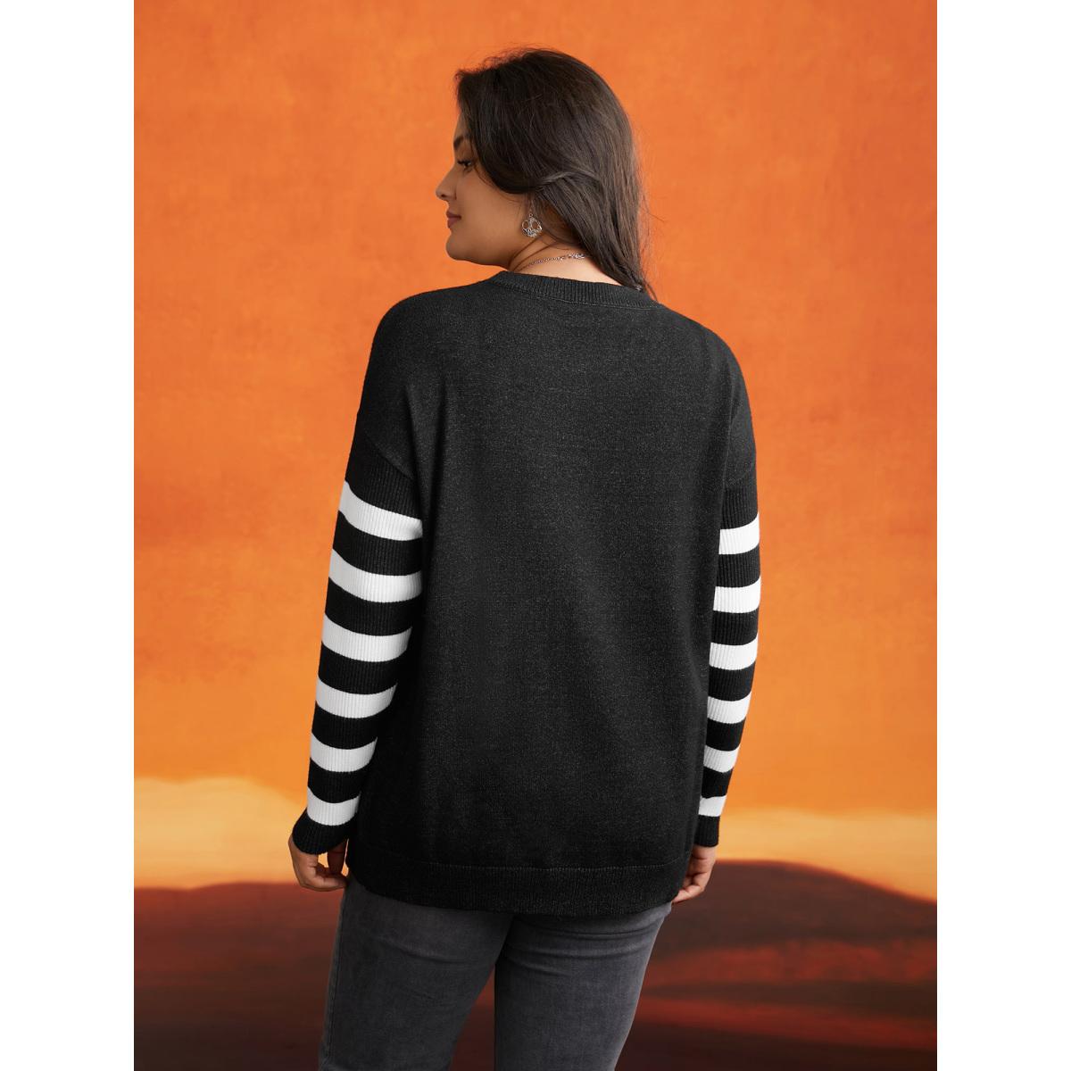 Plus Size Supersoft Essentials Gothic Skull Striped Sleeves Pullover Black Women Casual Loose Long Sleeve Round Neck Everyday Pullovers BloomChic 14-16/1X Product Image
