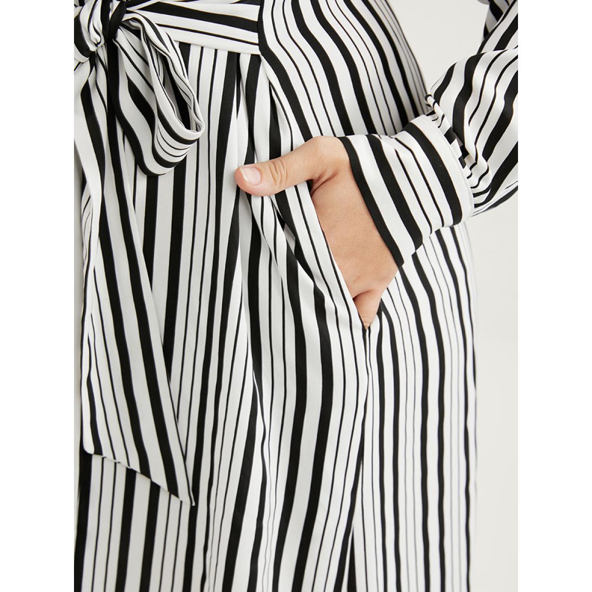 Plus Size Striped Button Pocket Kontted Shirt Collar Arc Hem Dress Black Women Office Arc Hem Shirt collar Long Sleeve Curvy Midi Dress BloomChic 22-24/3X Product Image