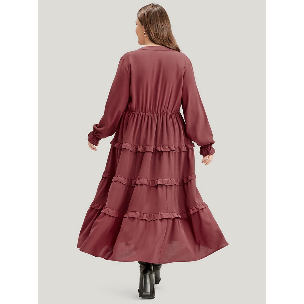 Plus Size Solid Lantern Sleeve Pocket Ruffle Hem Dress Russet Women Elegant V-neck Long Sleeve Curvy Long Dress BloomChic 12/L Product Image
