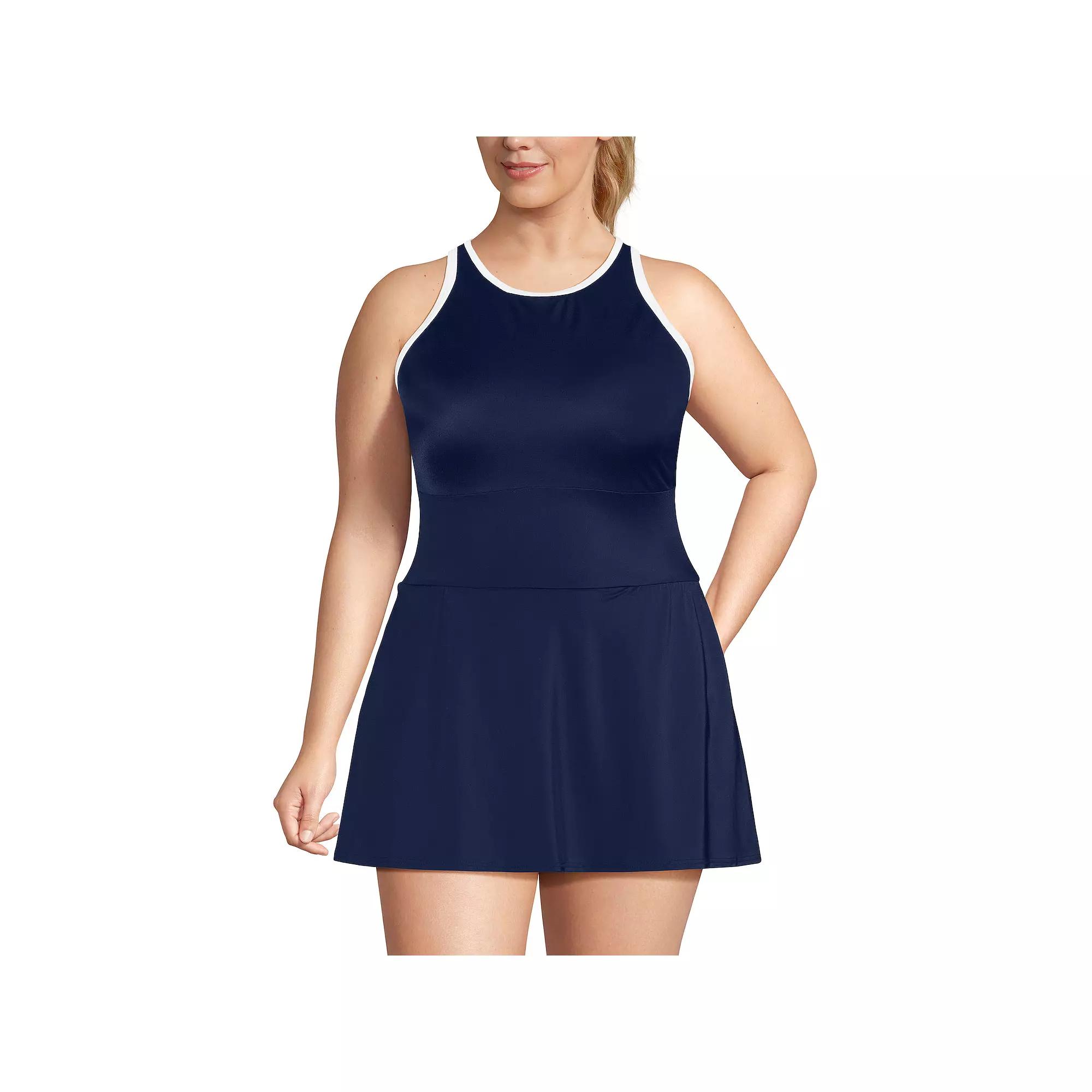 Women's Lands' End Long Tugless High Neck One-Piece Swim Dress,  Product Image