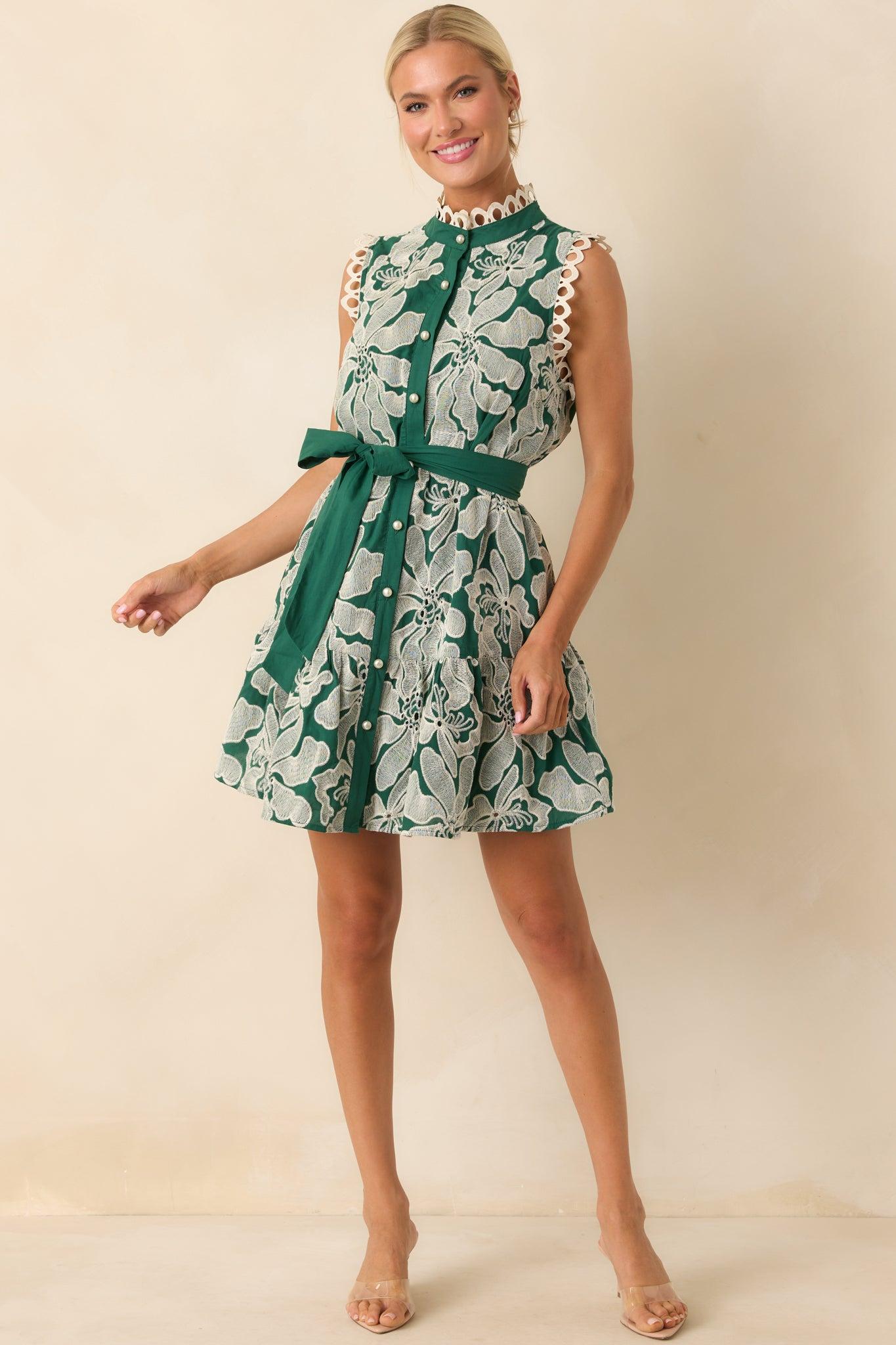 Stand Out Emerald Green Floral Embroidered Cotton Mini Dress Product Image