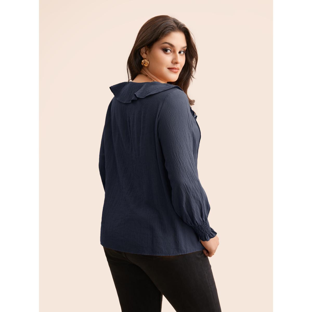 Plus Size Indigo Solid Texture Pleated Ruffle Trim Blouse Women Elegant Long Sleeve Deep V-neck Everyday Blouses BloomChic 28/5X Product Image