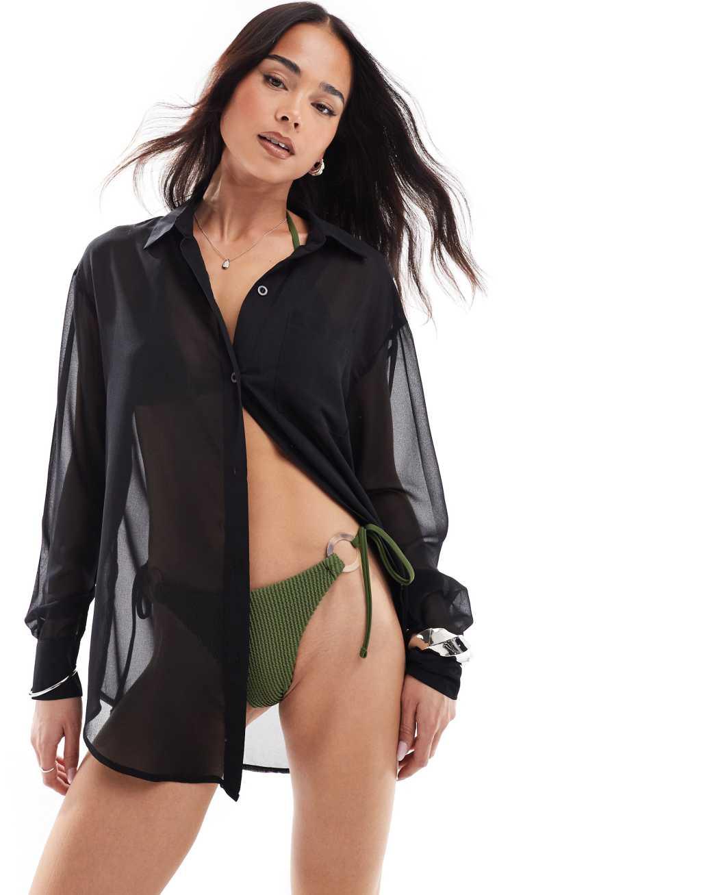 Threadbare sheer beach shirt in black Product Image