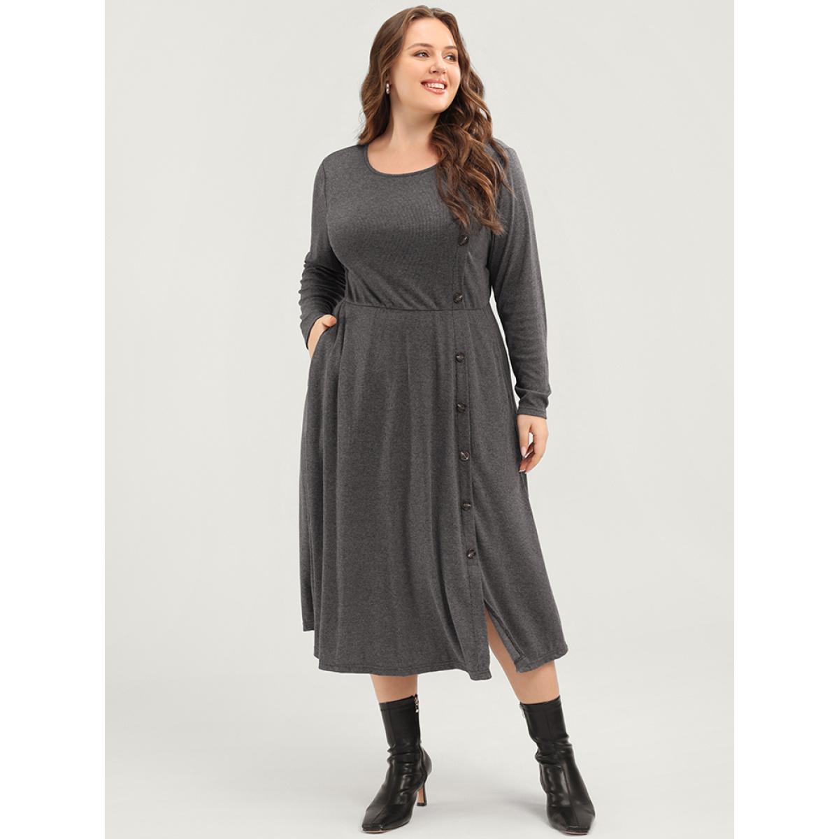 Plus Size Solid Round Neck Pocket Button Detail Ruffle Hem Dress Gray Women Elegant Button Round Neck Long Sleeve Curvy Midi Dress BloomChic 12/L Product Image