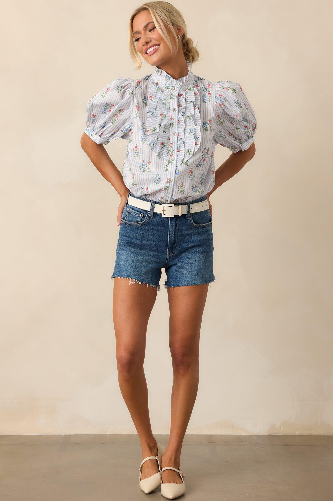 Just The Thing Dark Wash High Waisted Denim Shorts Product Image