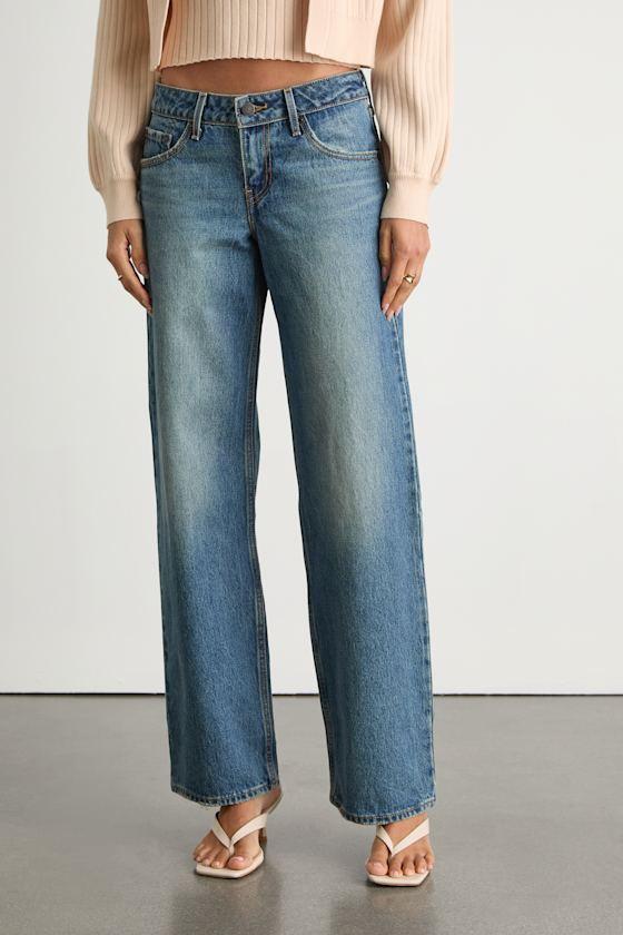 Low Loose Medium Blue Low-Rise Wide-Leg Jeans Product Image