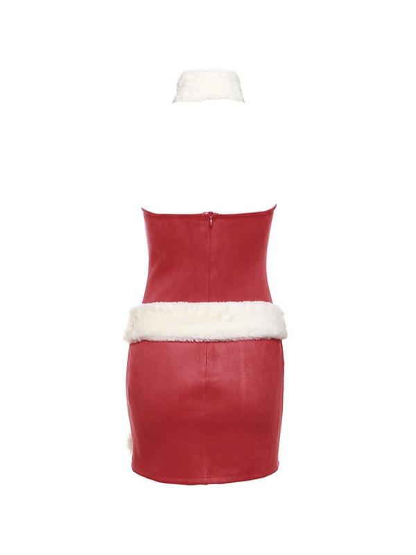 Solid Bandeau With Fuzzy Belted Choker Mini Dress Product Image