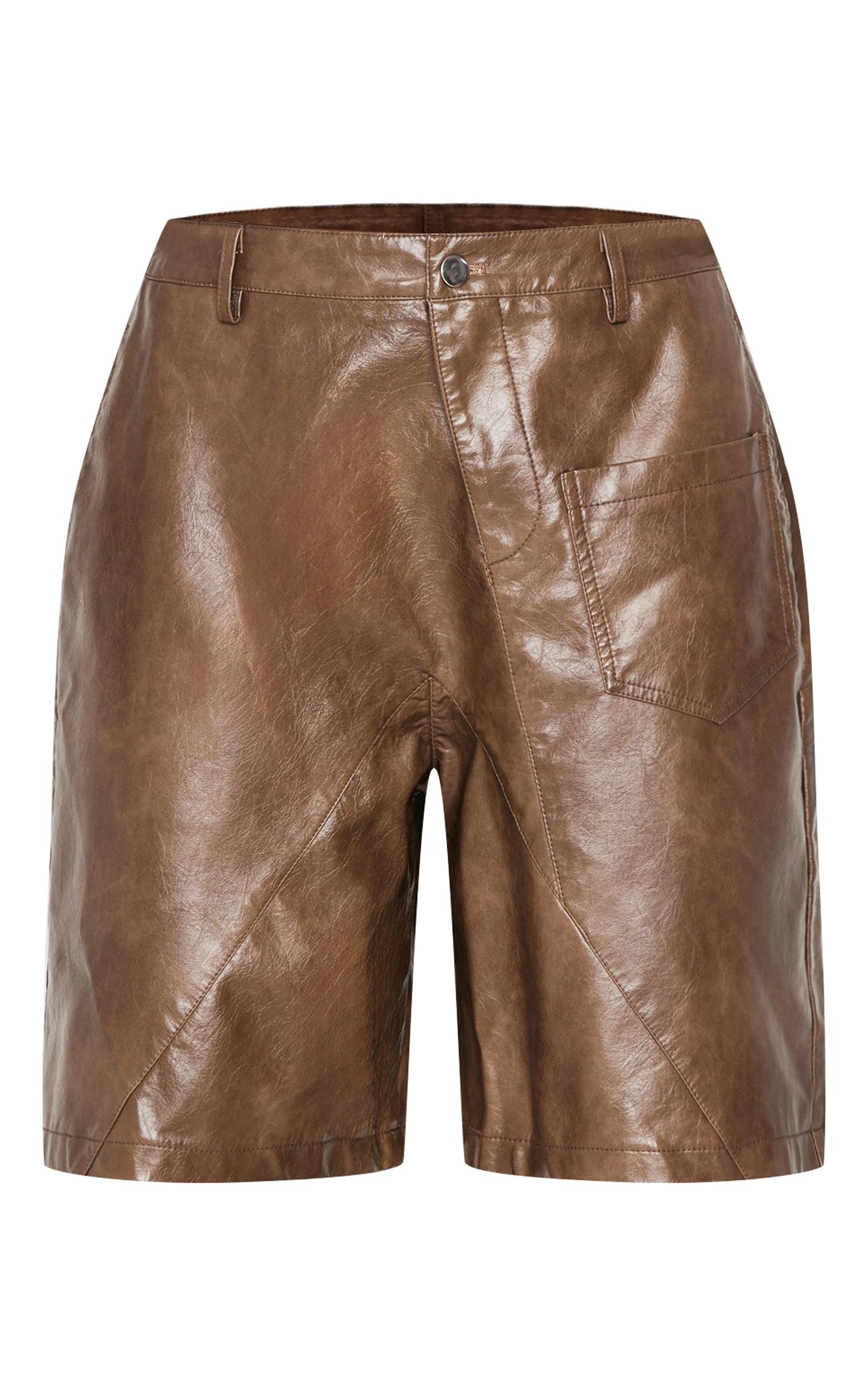 Premium Brown Washed Faux Leather Oversized Long Shorts Product Image